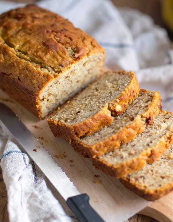 Banana bread slices are on the table