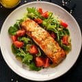 Baked salmon is glazed with honey and soy sauce