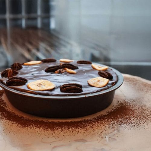 Banoffee pie with chocolate flavor is on the table