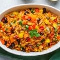 Rice and bean casserole with blacked eye beans, bell peppers and tomatoes