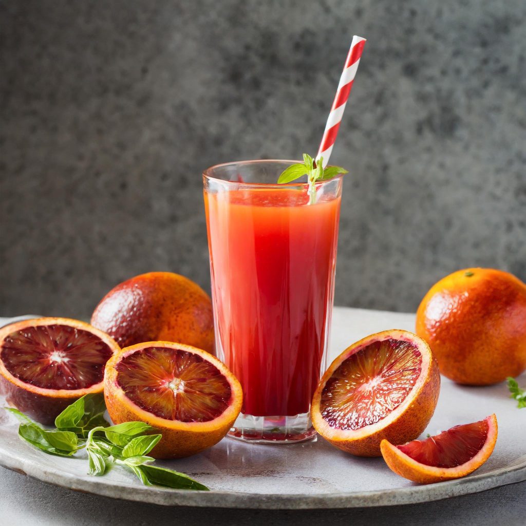 A glass of blood orange juice with blood oranges around