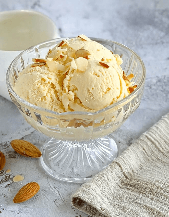 Amaretto Ice Cream dessert, topped with almond flakes