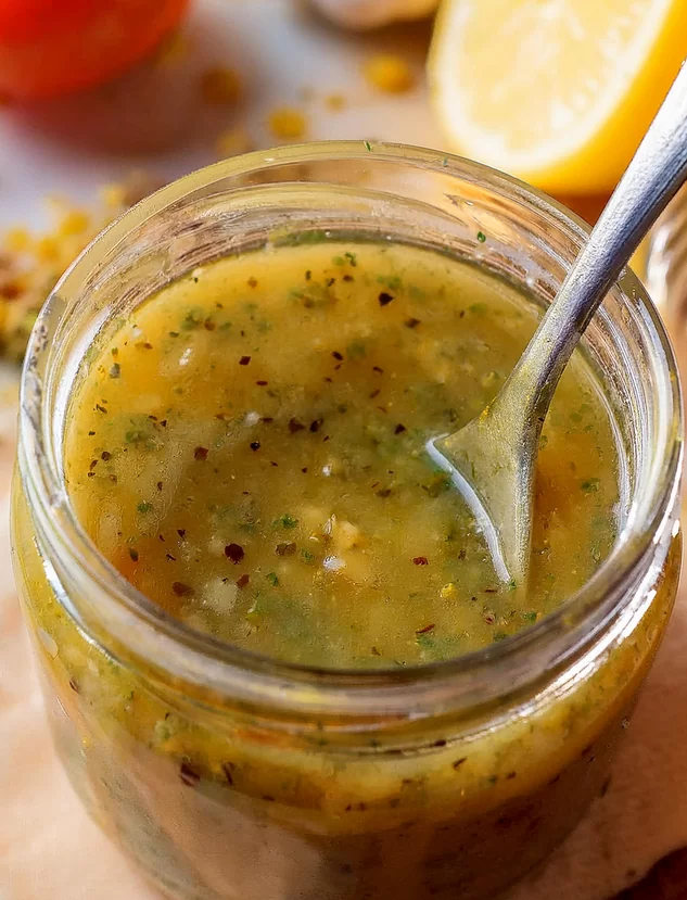 A jar of best Italian dressing with herbs and spices.