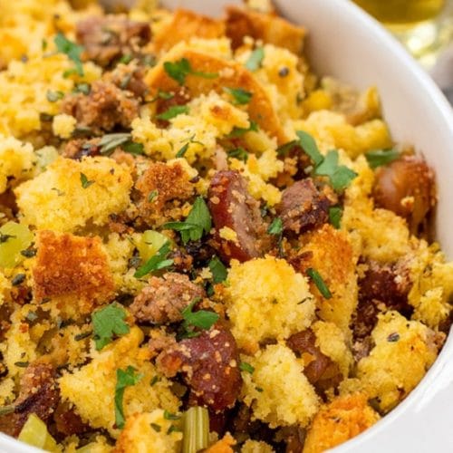 Cornbread stuffing is mixed with crumbled sausage