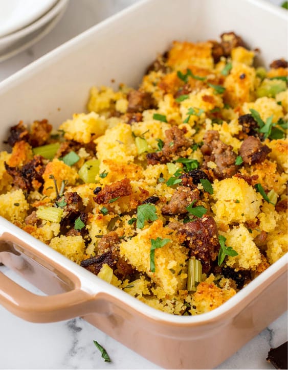 Cornbread Stuffing with crumbled Sausage and dried herbs