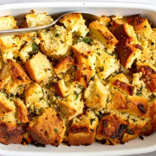 Baked Thanksgiving stuffing with breadcrumbs and herbs