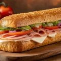 An Italian grinder full of filling: cheese pepporini, iceberg lettuce, and tomato