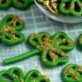 Shamrock pretzels with gold sprinkles for st patrick's day