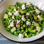 spring pea salad with peas, diced cucumber, red onion, feta, mint, and parsley