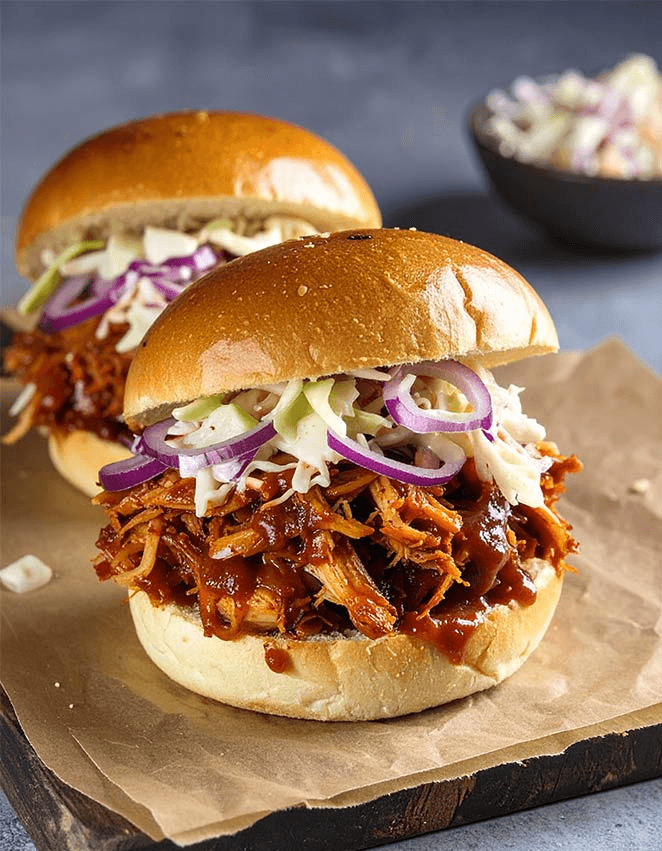 Easy BBQ pulled chicken sandwiches with coleslaw and red onions