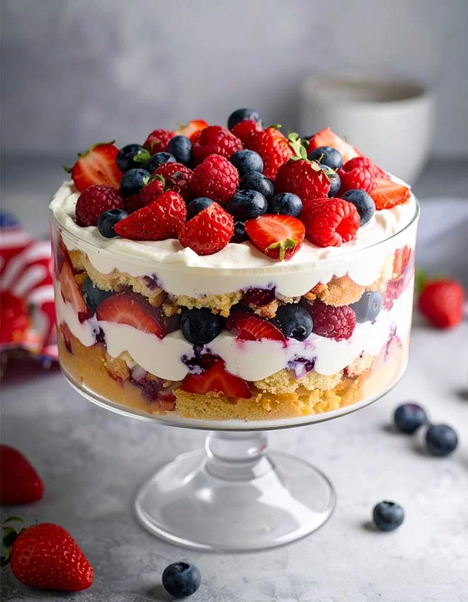 Patriotic berry trifle recipe with cake cubes and cream cheese