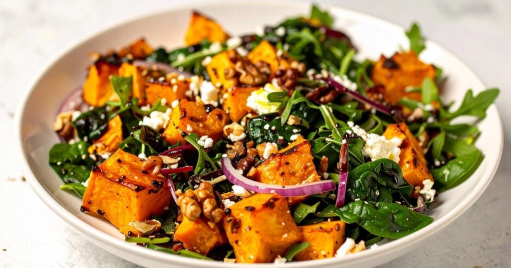 Simple Butternut Squash Salad with greens, walnuts and feta