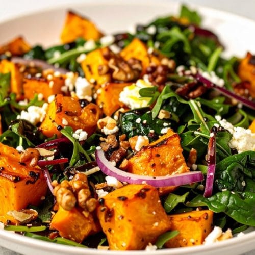 Simple Butternut Squash Salad with greens, walnuts and feta