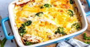 Simple Broccoli Casserole with chicken and cheese for dinner