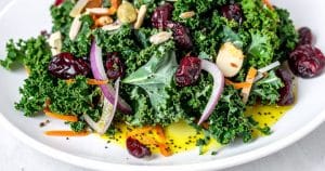Kale salad mixed with shredded carrots, dried cranberries, roasted sunflower seeds, almonds, and red onions