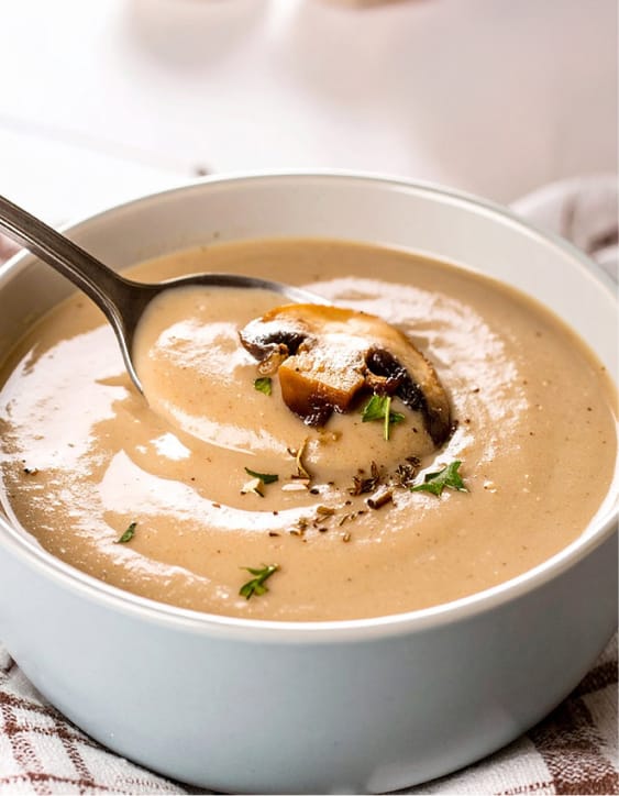 Smooth and creamy Mushroom Soup with dried thyme, garnished with fresh parsley