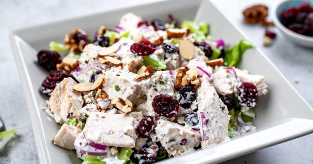 Cranberry chicken salad with dried cranberries, celery, nutd, coated with creamy salad dressing