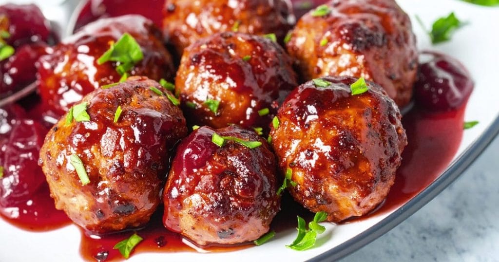 Baked turkey meatballs are coated with cranberry glaze