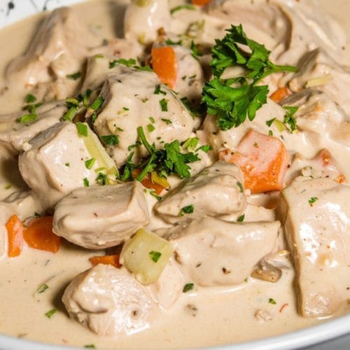 Tender turkey pieces coated with a velvety, savory sauce with vegetables