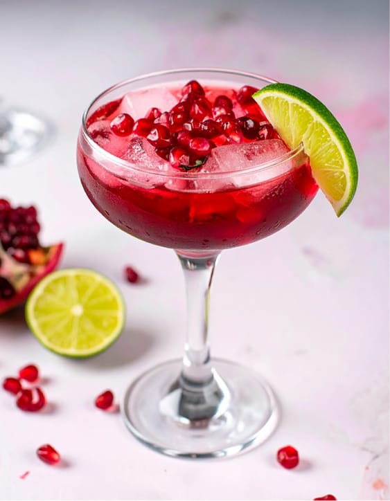 Pomegranate gin cocktail, garnished lime wedge and topped with pomegranate seeds