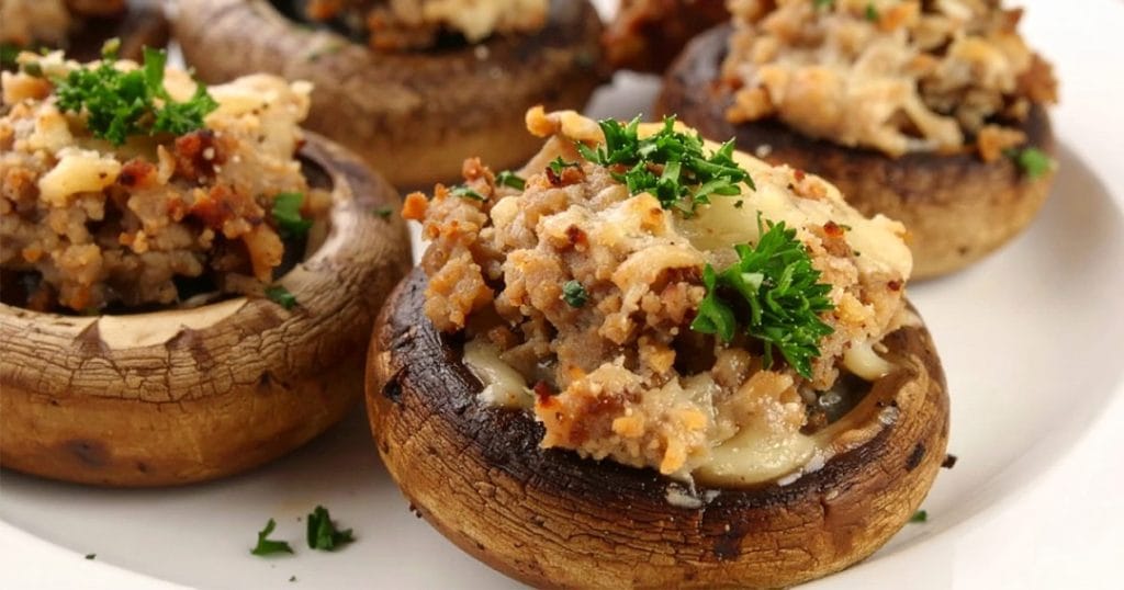 Mushrooms are stuffed with Italian sausage, cheese and breadcrumbs