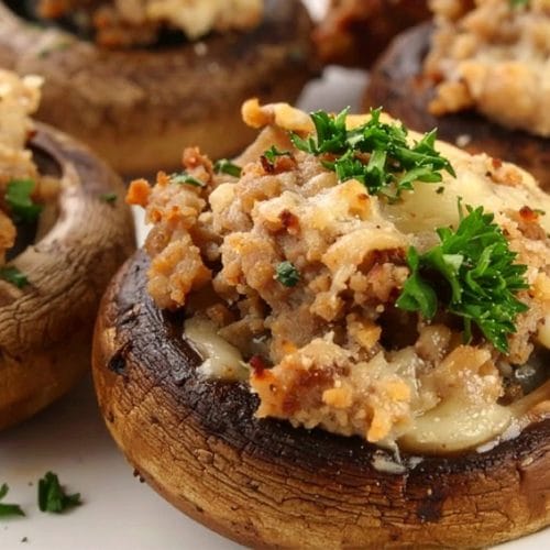 Mushrooms are stuffed with Italian sausage, cheese and breadcrumbs