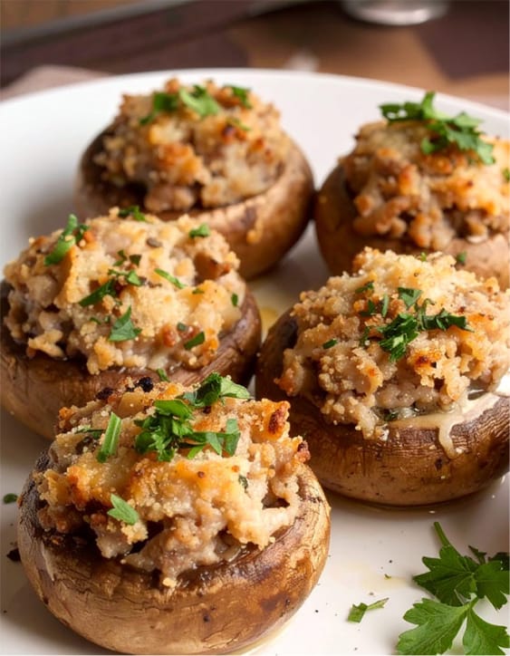 Easy sausage stuffed mushrooms, garnished with parsley
