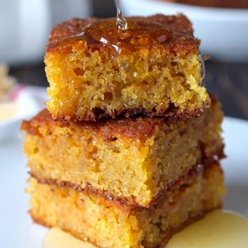 Sweet potato cornbread is drizzled with honey