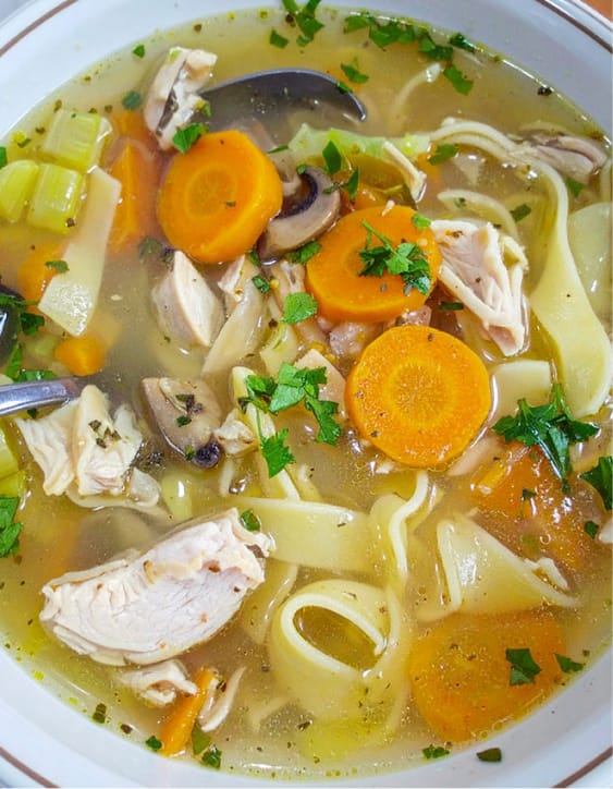Turkey Noodle Soup with carrots, mushrooms, celery stalks, and herbs