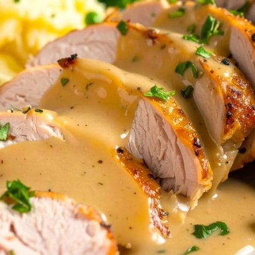 Best turkey tenderloin drizzled with turkey gravy